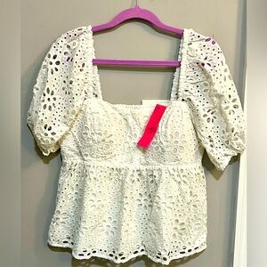 NWT Lilly Pulitzer Kay Short Sleeve Top Resort White Funflower Eyelet Size 10